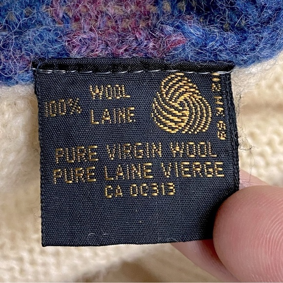 Vintage Wolsey Cream Purple Blue Wool Knit Pullover V Neck Sweater S - Picture 11 of 14
